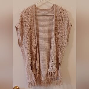 LOFT beige & gold fringed open cardigan short sleeve knit sweater Small